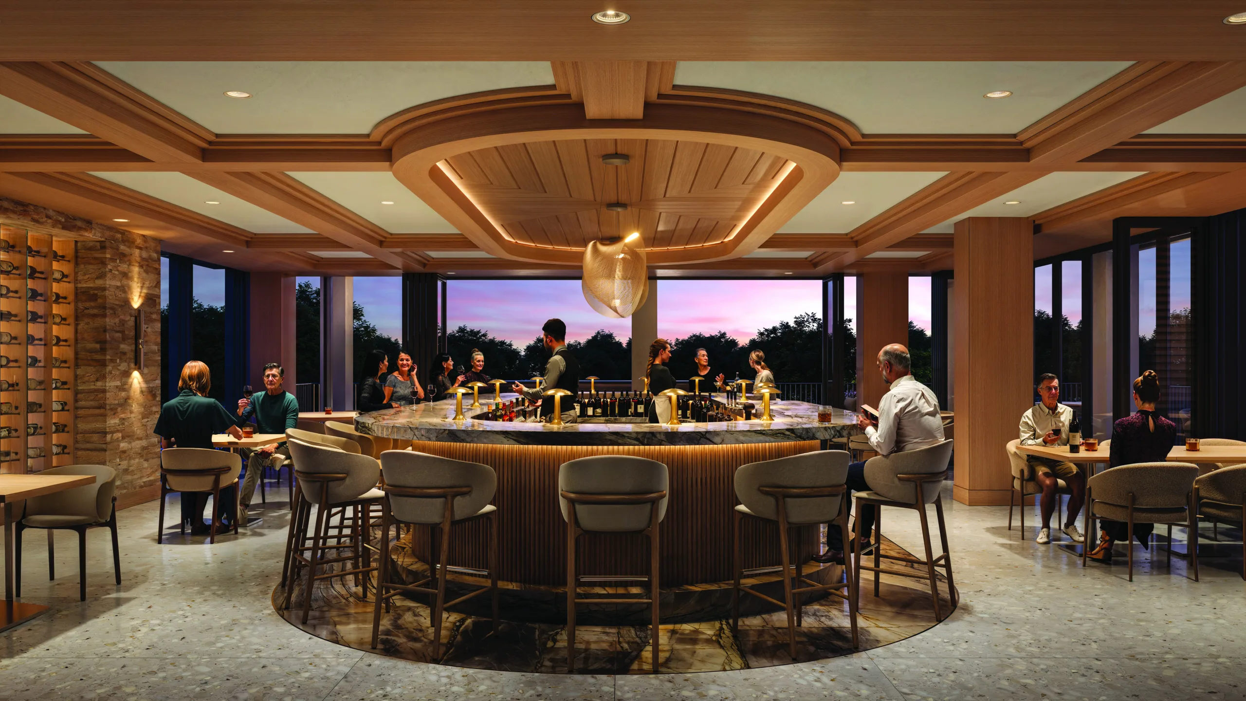 An image of a high-end bar in an open-air concept rooftop restaurant